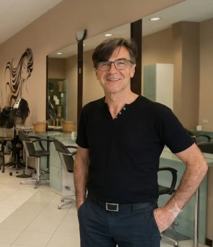 Carmelo, il titolare di Nuova Immagine Coiffeur, nel suo salone a Milano Brenta - Corvetto