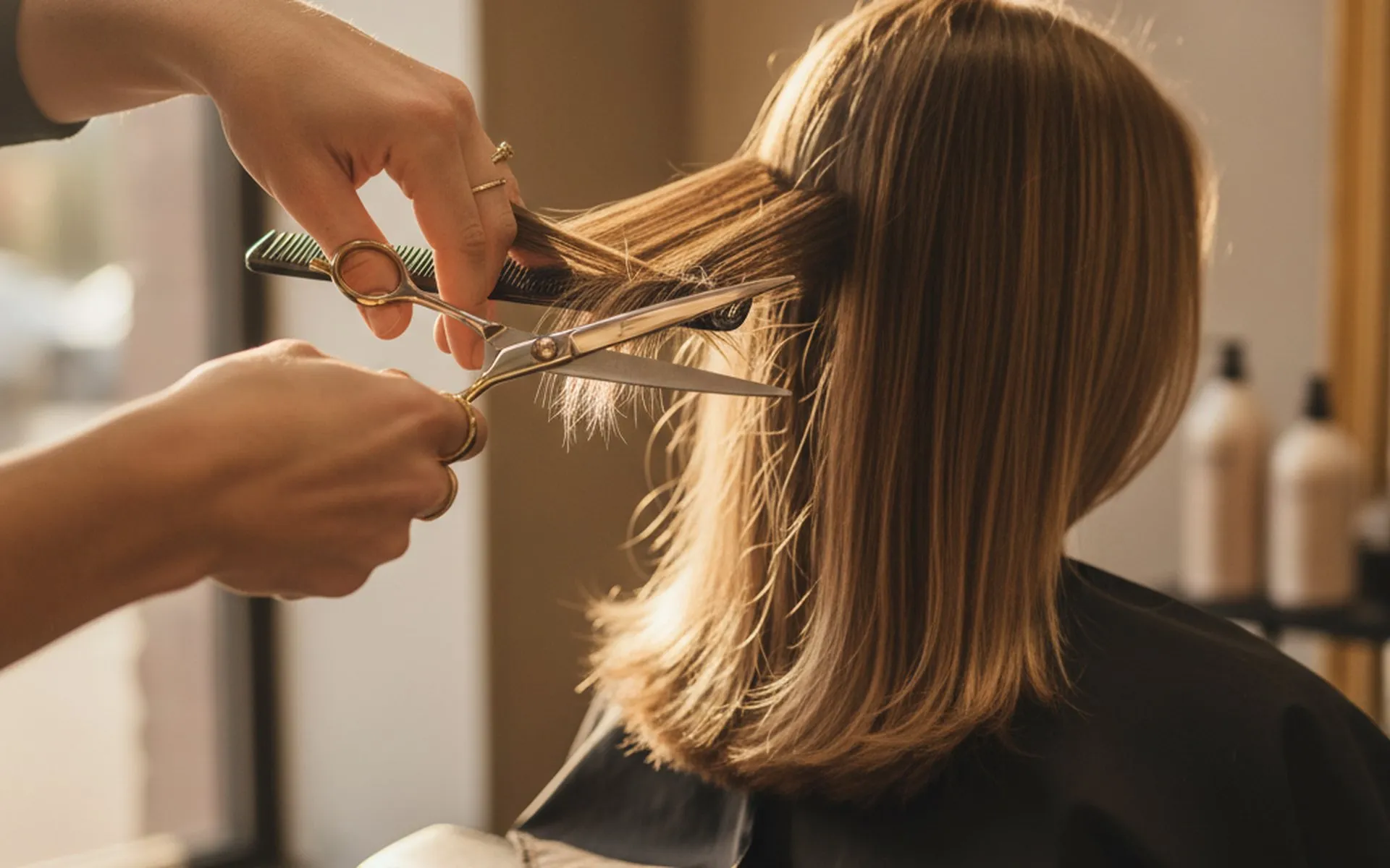 Taglio su capelli medi in corso al parrucchiere Nuova Immagine Coiffeur a Milano Brenta - Corvetto, forbici e pettine usati dalla parrucchiera su una cliente con capelli castano dorato