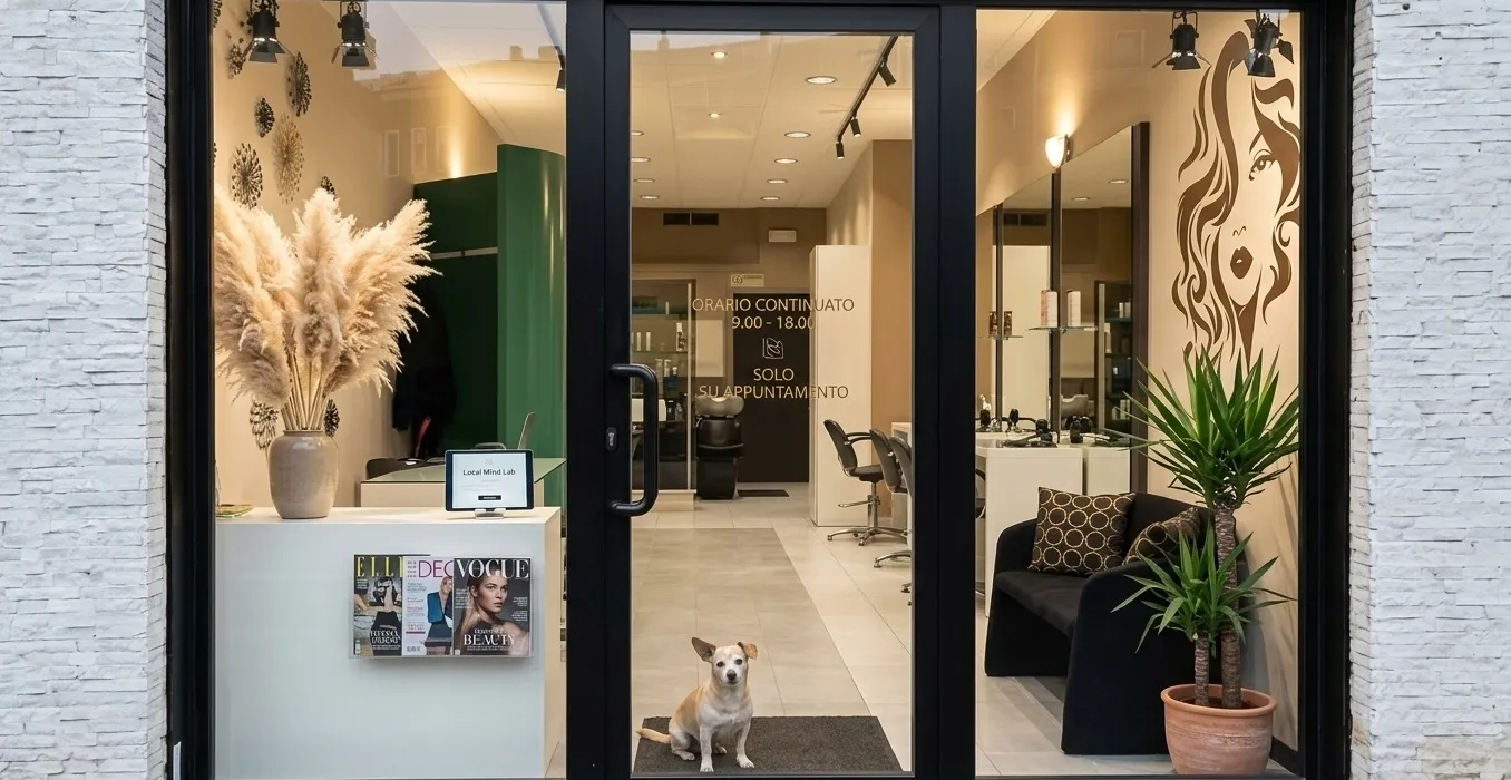 Ingresso vetrato del salone Nuova Immagine Coiffeur in Piazza Geremia Bonomelli 4, Milano, con reception e sale di lavoro visibili dall'esterno