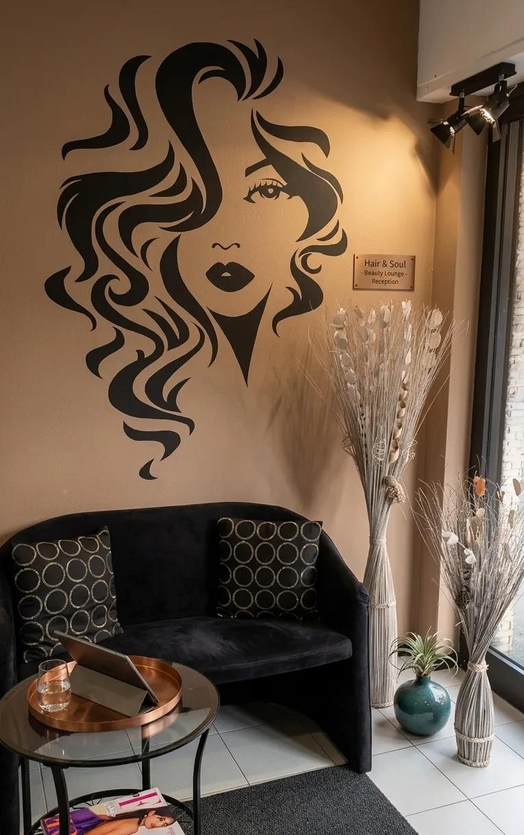 Angolo reception e attesa del salone Nuova Immagine Coiffeur, con divano nero, murale a parete raffigurante un volto femminile e composizioni floreali secche