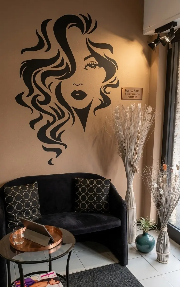 Angolo reception e attesa del salone Nuova Immagine Coiffeur, con divano nero, murale a parete raffigurante un volto femminile e composizioni floreali secche