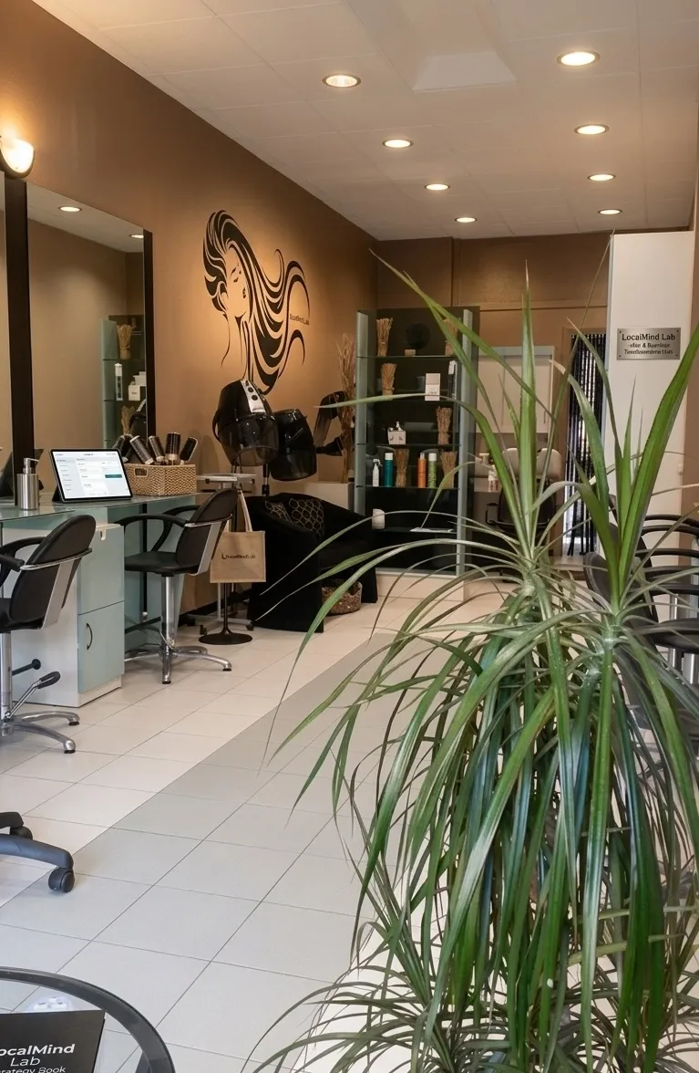 Postazioni di lavoro del salone Nuova Immagine Coiffeur a Milano Brenta, con poltrone, specchi e colonna decorativa color petrolio