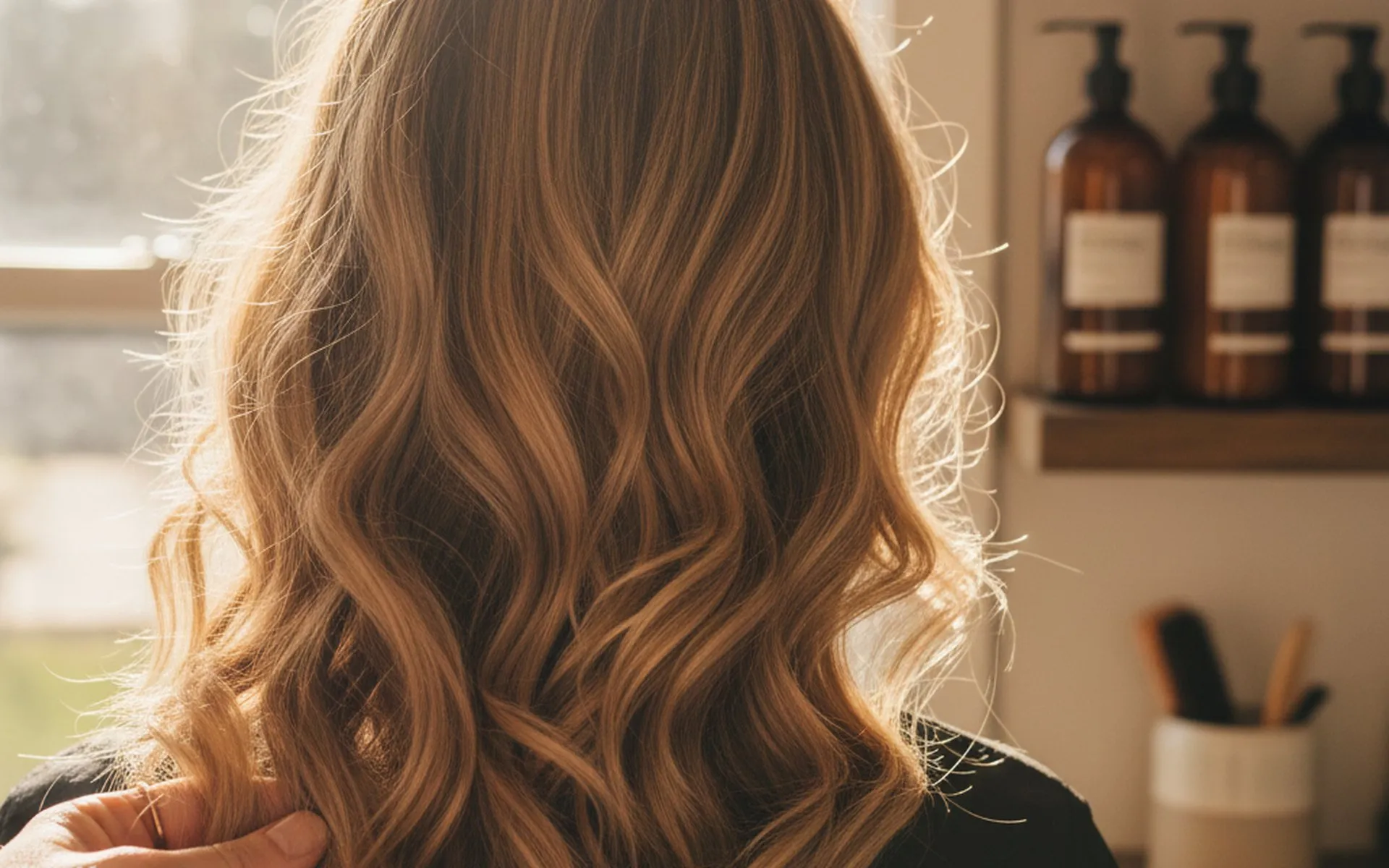 Mèche su capelli lunghi mossi con riflessi biondo miele, realizzate al salone Nuova Immagine Coiffeur a Milano