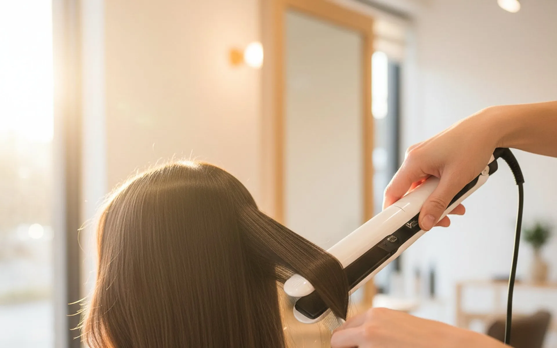 Lisciatura su capelli lunghi in corso con piastra al salone Nuova Immagine Coiffeur a Milano Brenta