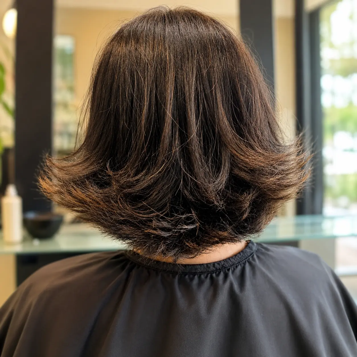 Piega su capelli medi castani con punte rivolte verso l’esterno, vista di spalle, Nuova Immagine Coiffeur a Milano Brenta e Corvetto