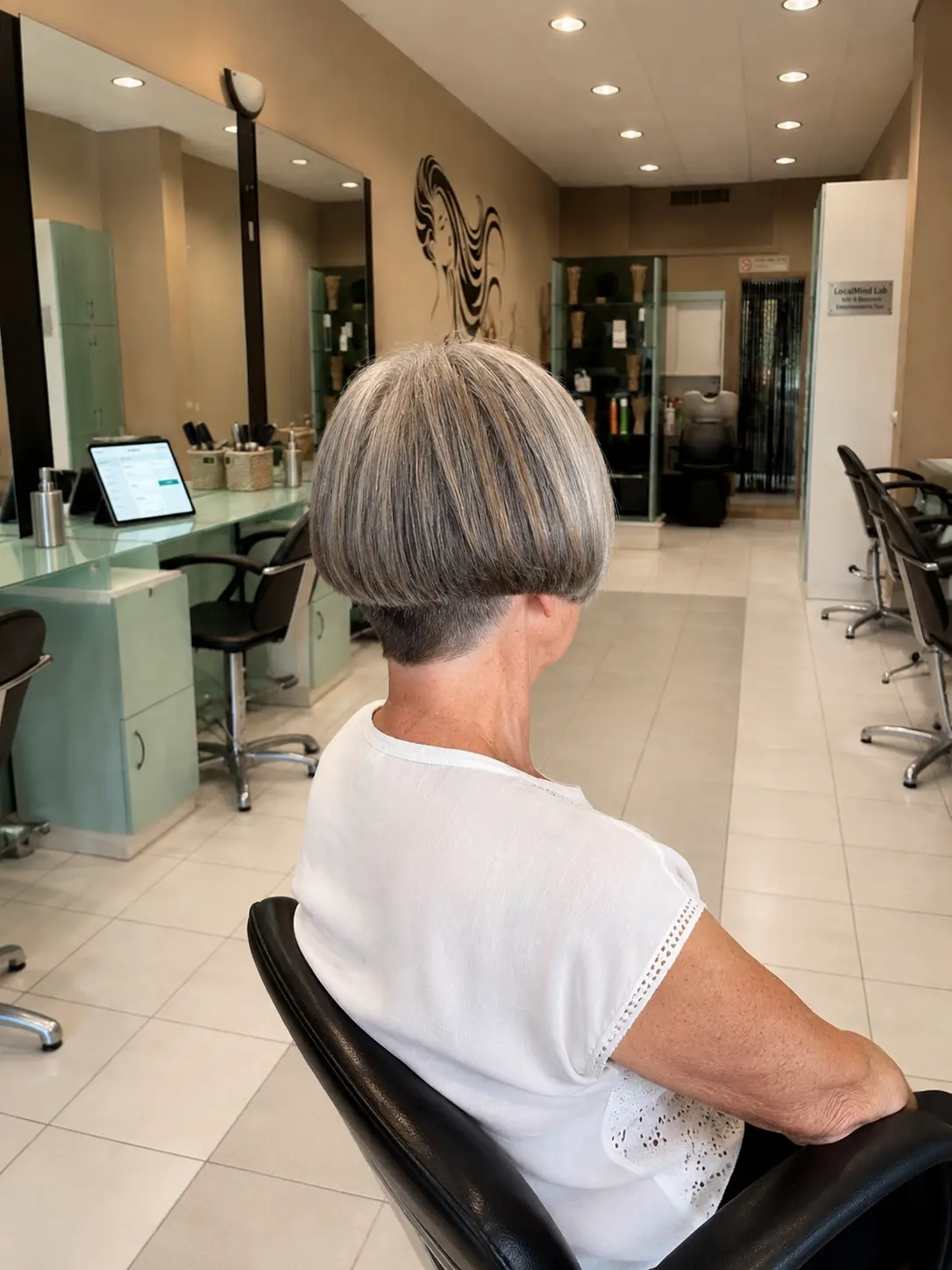 Taglio corto su capelli grigi con nuca rasata, vista di spalle, parrucchiere Nuova Immagine Coiffeur a Milano Brenta - Corvetto