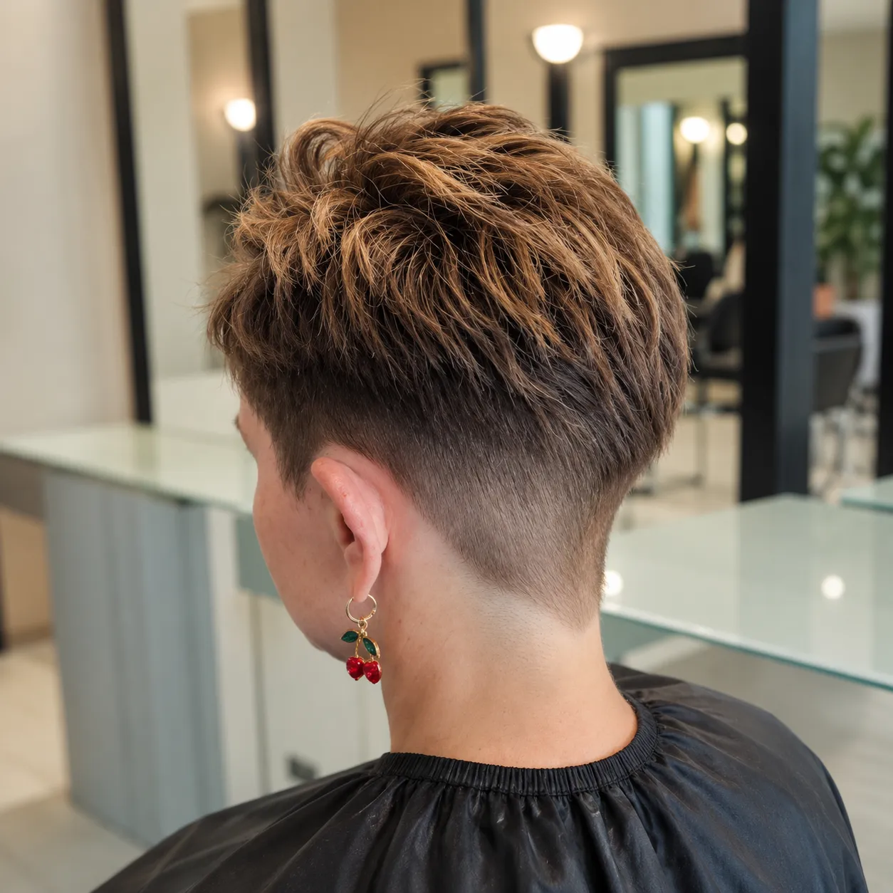 Taglio corto scalato con meches, vista posteriore e laterale, Nuova Immagine Coiffeur a Milano Brenta